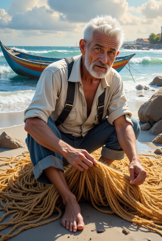 a senior fisherman repairing his net on the seashore, impressionist painting, detailed face, weathered skin, calloused hands, fishing boat in the background, crashing waves, vibrant colors, warm lighting, soft brushstrokes, atmospheric, serene, tranquil, (best quality,4k,8k,highres,masterpiece:1.2),ultra-detailed,(realistic,photorealistic,photo-realistic:1.37),oil painting,landscape,detailed textures,dramatic lighting,warm color palette