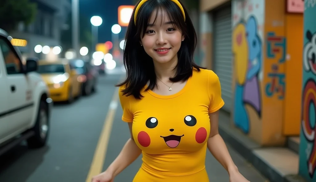 (fisheye photography wide view style), raw color, dark night street alley city atmosphere, f-stop 1/4 ISO100 f/8, a beautiful Indonesian Chinese young woman an trendy style, playfully runs movement, straight hair style with yellow hang band "Pikachu" style, wearing Stritch glossy yellow bodycon t-shirt dress with printed character face "Pikachu" cartoon , short skirt, perfect anatomy, backlite, graffiti wall beside,, bokeh, smooth nonlight effect, hyper realistic, HD 26K
