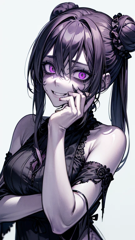 tattoo girl, very beautiful, murderous, Harley Quinn, crazed look, dark background, 8K, dynamic wallpaper, very delicate, very dense, creepy smile, close up to camera, hugging man in purple suit.