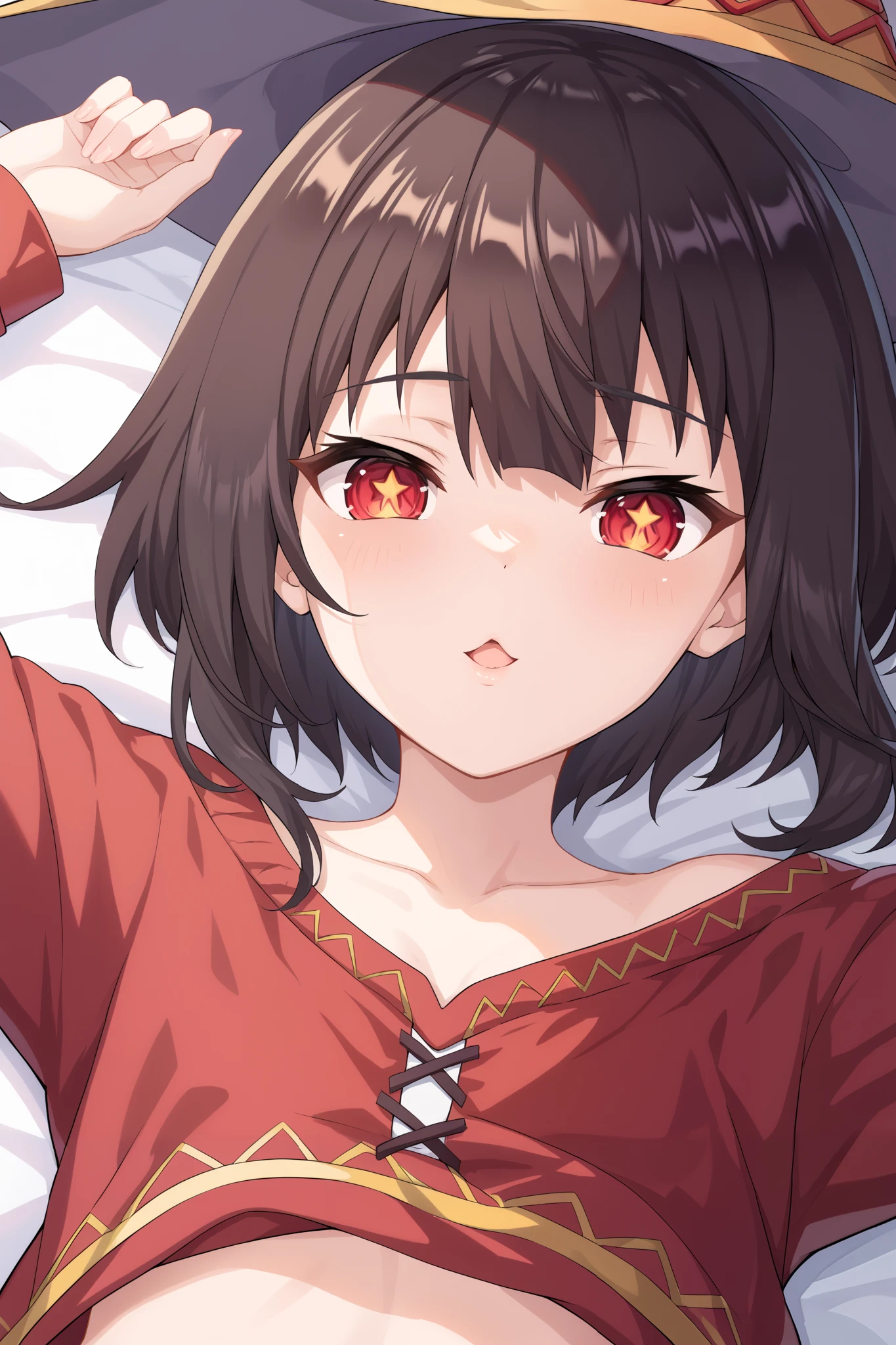 NSFW,masterpiece, best quality, high definition , Very detailed,Megumin\( bless this wonderful world\), short hair、 black hair、Red Eye、 siderock 、 long rock