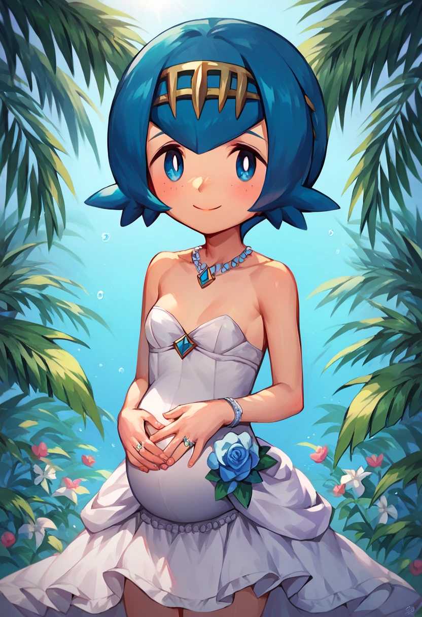 ((masterpiece,best quality)), absurdres, Lana_Pokemon, solo, smiling, looking at viewer, cowboy shot, tropical background, cinematic composition,  (young:1.8) (small breasts:1.4) short, (pregnant:0.9) happy, wedding dress, wedding ring