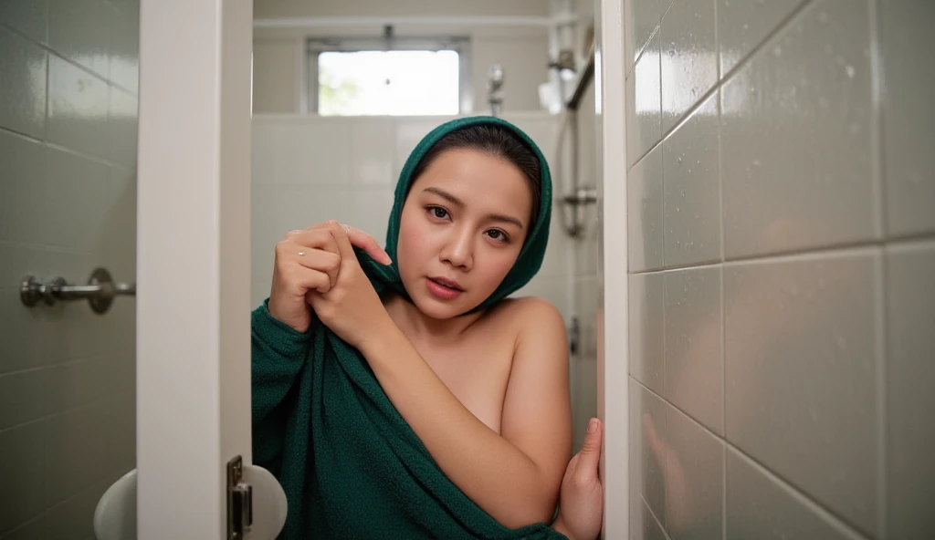 Prompt : Realistic Photo Indonesia teenage girl From the school bathroom Showering Wear a Bath Towel is wet from the shower water Closing the door of the School bathroom Ashamed Very embarrassed