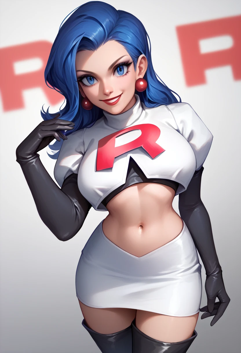 The face of Lady Gaga, 1girl, solo, Team rocket, team rocket uniform, red letter R, white skirt,white crop top,black thigh-high boots, black elbow gloves, earrings, large breasts, sexy pose, smile