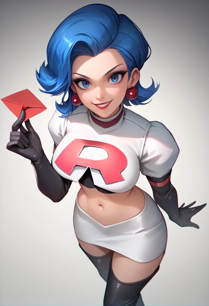 The face of Lady Gaga, 1girl, solo, Team rocket, team rocket uniform, red letter R, white skirt,white crop top,black thigh-high boots, black elbow gloves, earrings, large breasts, sexy pose, smile