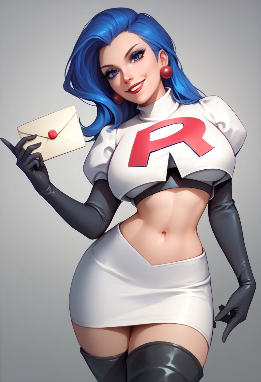 The face of Lady Gaga, 1girl, solo, Team rocket, team rocket uniform, red letter R, white skirt,white crop top,black thigh-high boots, black elbow gloves, earrings, large breasts, sexy pose, smile