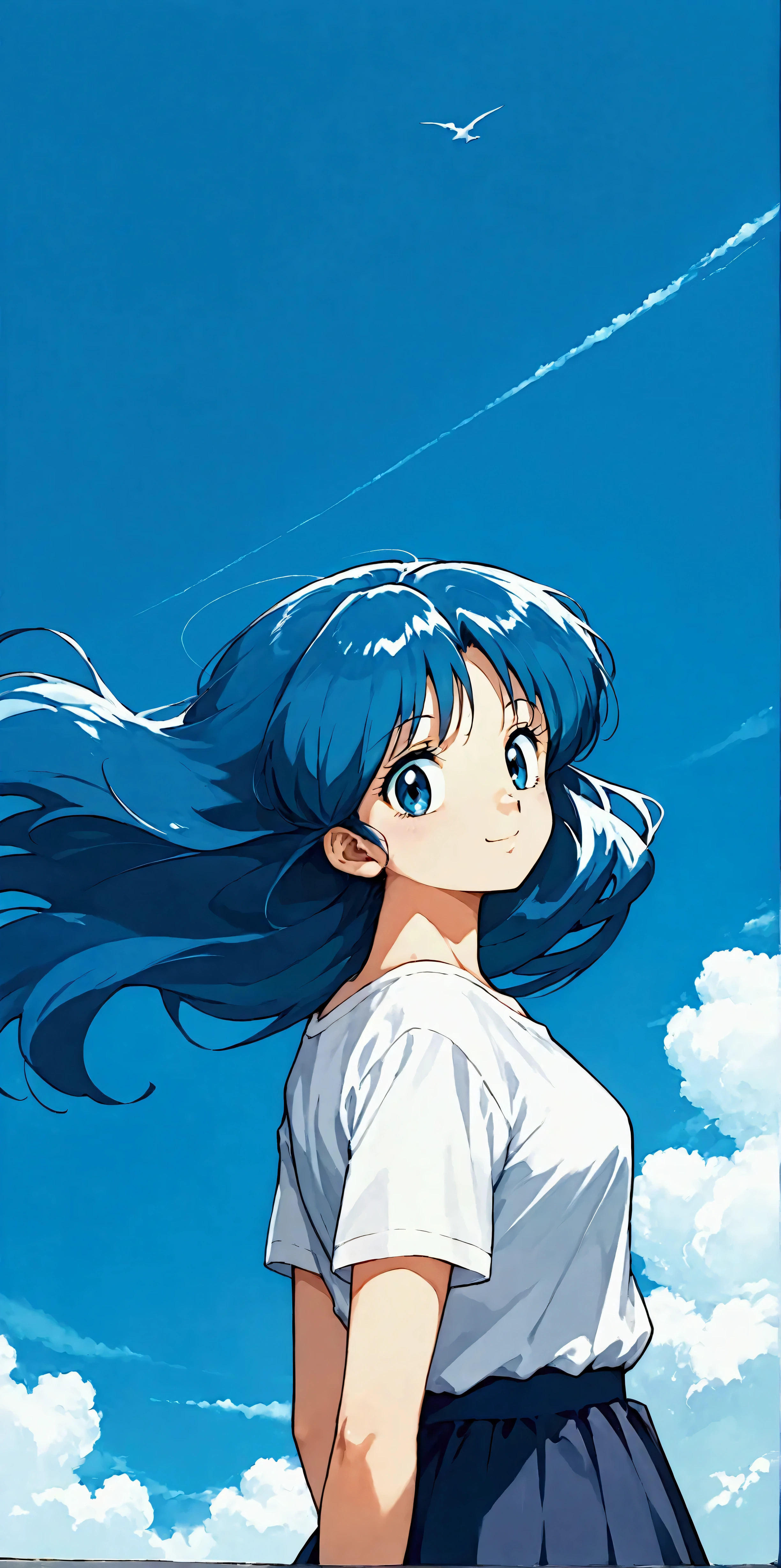  score_9,  score_8_up,  score_7_up, (masterpiece), ( best quality), ( super detailed), (Illustration),(1 female:1.2), Japanese,beautiful瞳, blue hair , casual outfit ,beautifulグラデーション,(Woman smiling),(背景は宙を舞う無数のbeautiful花びら:1.3),( back view),( woman looks up at the sky :1.2),( wind blows hair ),( depth of writing),(dynamic),(顔のup),(beautiful顔),(beautiful瞳), Anime Artwork , Flat Color ,80s anime style,(Rumiko takahashi), dynamic angle , beautiful,Clear skies