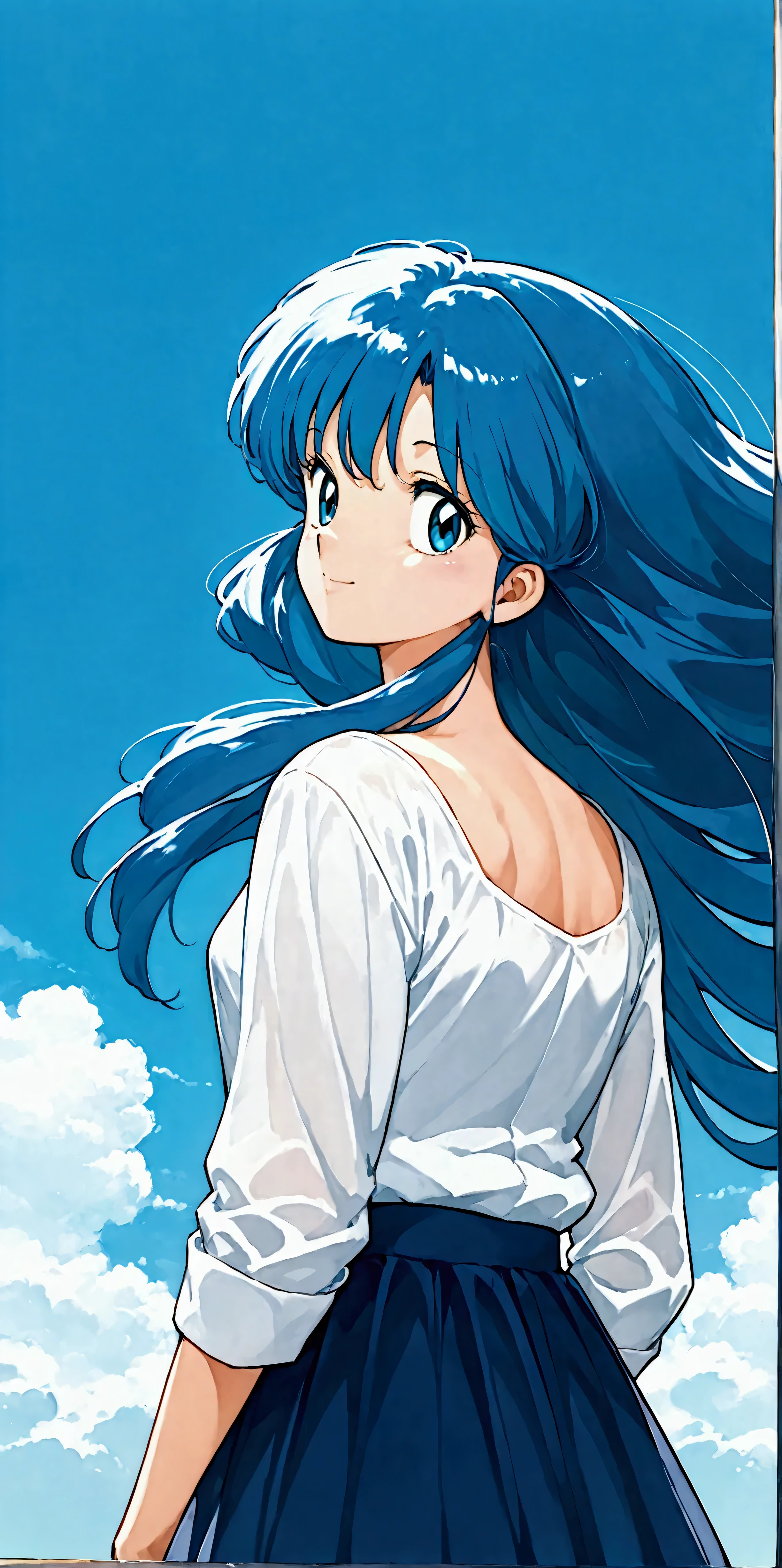  score_9,  score_8_up,  score_7_up, (masterpiece), ( best quality), ( super detailed), (Illustration),(1 female:1.2), Japanese,beautiful瞳, blue hair , casual outfit ,beautifulグラデーション,(Woman smiling),(背景は宙を舞う無数のbeautiful花びら:1.3),( back view),( woman looks up at the sky :1.2),( wind blows hair ),( depth of writing),(dynamic),(顔のup),(beautiful顔),(beautiful瞳), Anime Artwork , Flat Color ,80s anime style,(Rumiko takahashi), dynamic angle , beautiful,Clear skies