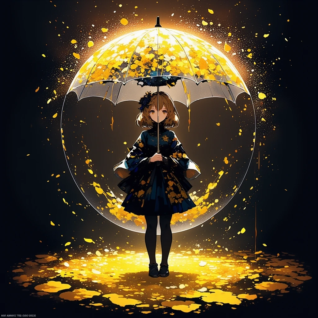 
1girl\(holding umbrella\(transparent,mass amount of petals decorate umbrella\)\), mass amount of petals filling in the air. petals cover ground. minimalism, simplism