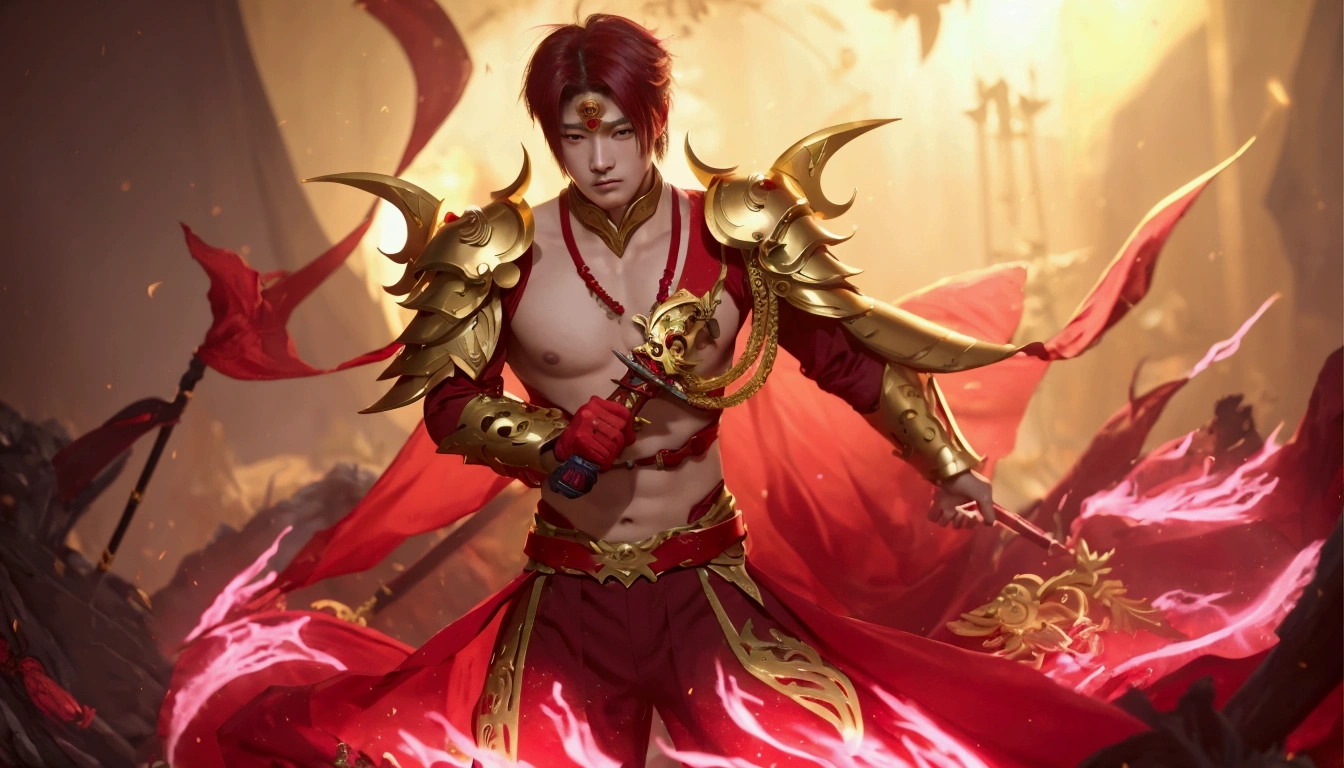 Relaxing on a fiery throne, the god of fire, a handsome man with black hair, exudes power with intense glowing red eyes and large pectorals. His pose is majestic, bathed in dramatic cinematic lighting, creating an atmosphere of divine authority. Large pectorals, open legs. Attractive male, sexy masculine, handsome male