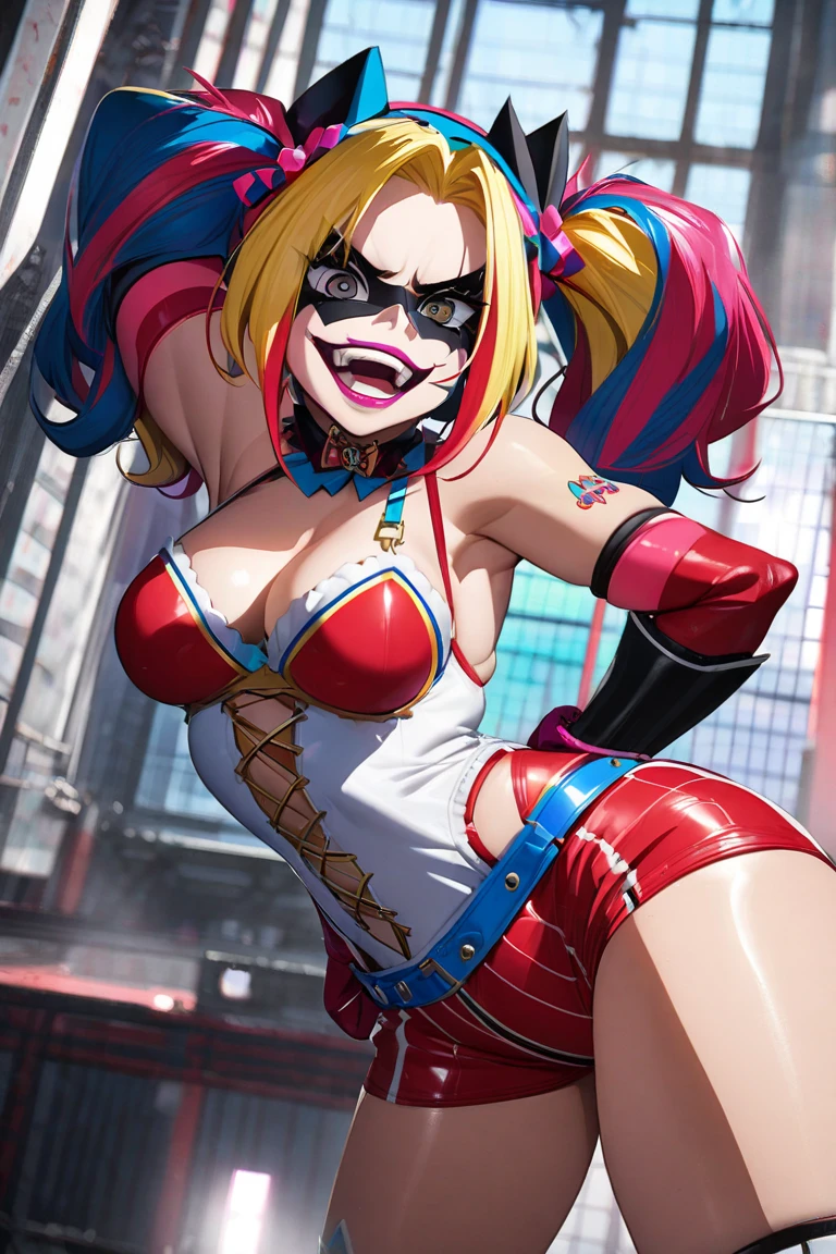Taylor Swift (age 25) is portraying Harley Quinn, crazy sexy outfit, insane flirty look, oversized carnival hammer, striking a cute power pose, show her entire body

