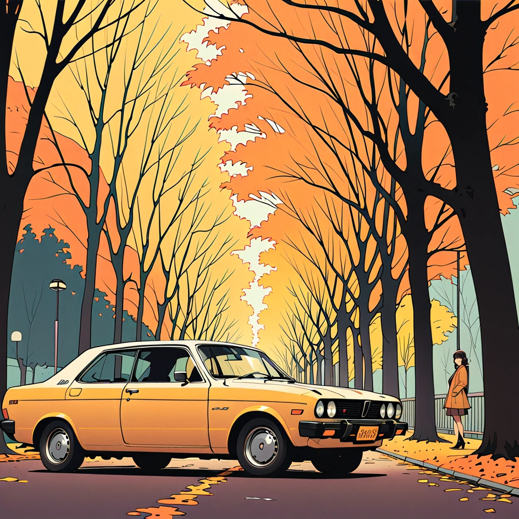 (masterpiece, best quality:1.1),80s record cover art,city-pop,title of the song is "end of autumn",girl and yellow car,maple tree,girl's profile, tree-lined avenue, inspired by Hiroshi Nagai cmyk palette,illustration by Hisashi Eguchi,(brown outline),