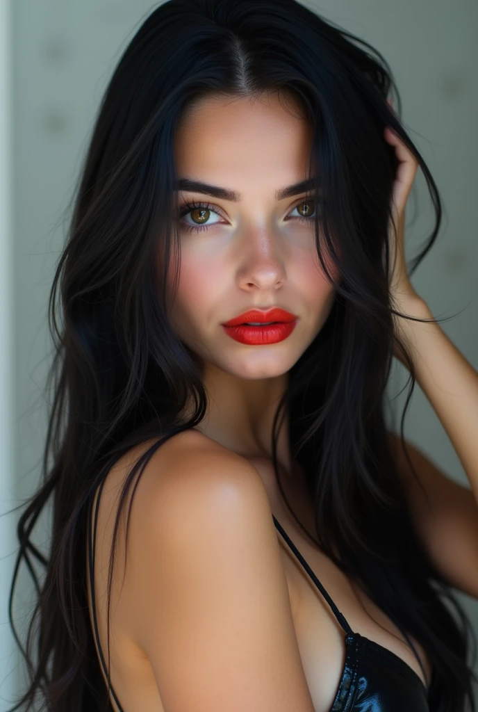 arafed woman with long hair and lábios vermelhostick posing for a selfie, Marischa Becker, morena com cabelo loiro tingido, thick lábios vermelhos, sexy lábios vermelhos, lábios vermelhos, imagem de perfil, lorena avarez, 💋 💄 👠 👗, fernanda suarez, justina blakeney, por Gina Pellón, inspired por Gina Pellón