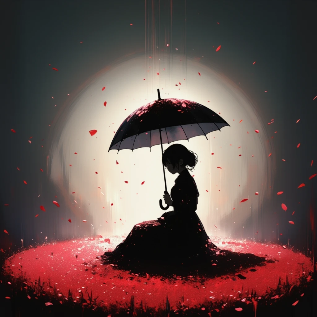 
1girl\(holding umbrella\(transparent,mass amount of petals decorate umbrella\)\), mass amount of petals filling in the air. petals cover ground. minimalism, simplism