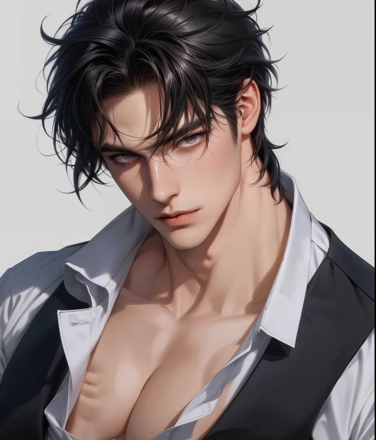 (Masterpiece, Best Quality, Super Detailed, High Resolution, Ridiculous Results), 1 Mature Male, Case 30, (Broad Shoulders), (Muscles), Male Focus, Alone, Black Hairstyle, Shirt, Tie, Simple Background , dark eyes, upper body, vest, messy short and medium hair, parted lips, long sleeves, white shirt, very light and tiny, suit, dark feeling, dangerous