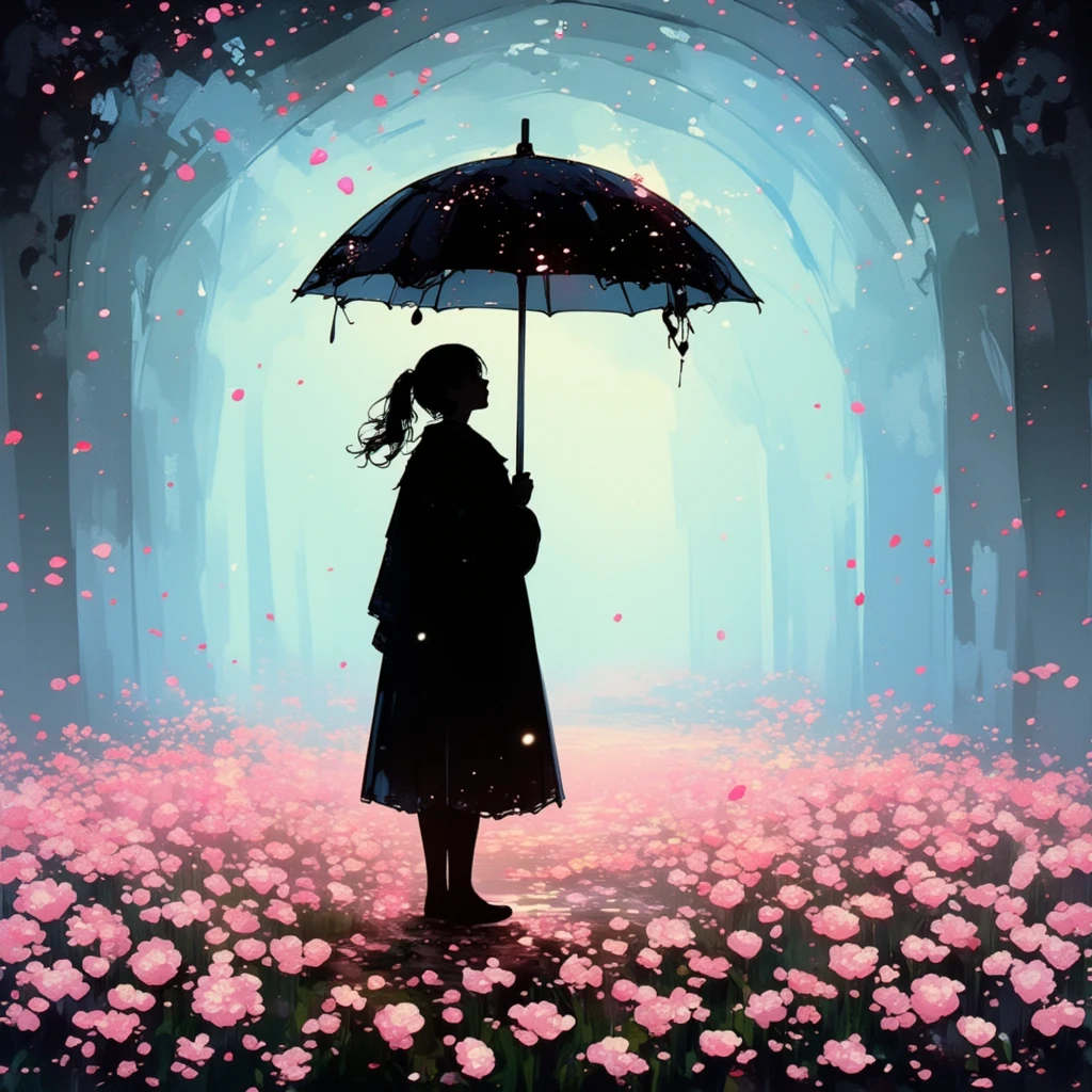 
1girl\(holding umbrella\(transparent,mass amount of petals decorate umbrella\)\), mass amount of petals filling in the air. petals cover ground. minimalism, simplism