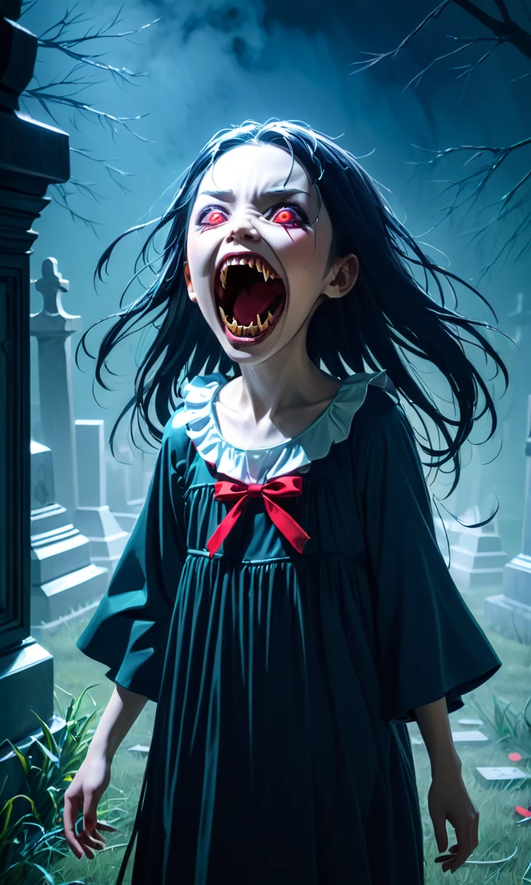 anime artwork 1girl,abyss girl,open mouth,((masterpiece)), ((best quality)), 8k, high detailed, ultra-detailed, illustration, portrait, horror, 𝗰𝗼𝘀𝗺𝗶𝗰 𝗵𝗼𝗿𝗿𝗼𝗿,gothic, (1girl), (sinister:1.2), a young girl with a grotesquely elongated mouth, standing in a dimly lit cemetery, moonlight casting eerie shadows, (ethereal and haunting), glowing red eyes, wisps of spectral mist, (spectral hands:1.1), reaching out from the tombstones, creating a sense of dread, (floating:1.3), surreal and nightmarish, (dark and foreboding), (motion blur), (glitch effect), (vibrance:1.2), (chromatic aberration), (saturated reds), (film grain), (sinister whispers:1.5), (sinister laughter:1.4), A chilling and unsettling atmosphere, capturing the girl's unsettling transformation into a creature of the night,. anime style, key visual, vibrant, studio anime,  highly detailed