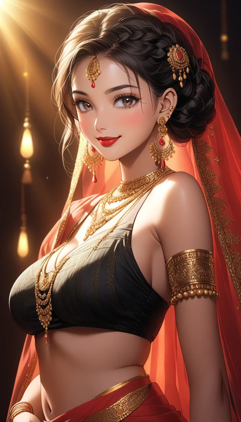 (1woman, mature, single hair braid, simple black saree, big long jhumka earrings, detailed alluring eyes, smooth detailed lips, beautiful face, smiling, red lipstick, navel, bangles, saggy breasts, photorealistic, 8k, hyperdetailed, vibrant colors, studio lighting, masterpiece, cinematic composition, dramatic lighting, intricate details, highly realistic skin textures, volumetric lighting, beautiful intricate jewelry, warm color palette, natural lighting, elegant pose, beautiful detailed expression, hyper realistic rendering, seamless blending, flawless skin, glowing skin, delicate features, breathtaking realism, striking composition),tall , necklace, bangles