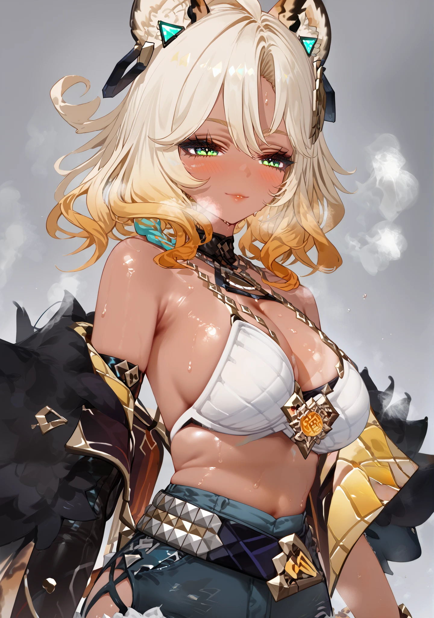 score_9, score_8_up, score_7_up, 1 woman, Xilonen_(genshin_impact), (high detailed face and clothes), detailed clothes, genshin_impact, flood style, steam, steaming body, dynamic random sexy pose, sweat, high resolution, deep breath, grey background, solo, blush, (top shot, upper angle), random sexy pose, puffy breasts, (white bikini top, cleavage, short denim shorts), (sexy, seductive and awesom), tan skin, smiling,xilonen-gi, green eyes,blonde hair,animal ears,leopard girl, dark-skinned female,