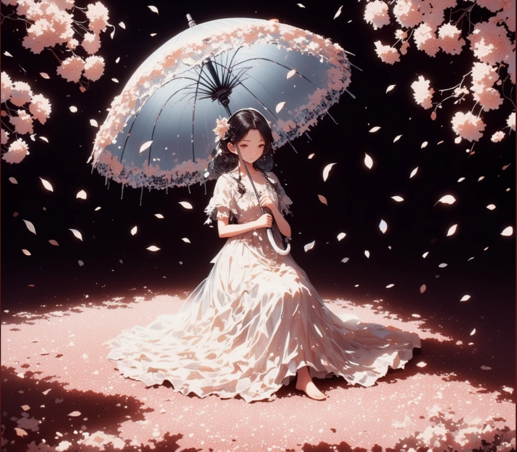 
1girl\(holding umbrella\(transparent,mass amount of petals decorate umbrella\)\), mass amount of petals filling in the air. petals cover ground. minimalism, simplism