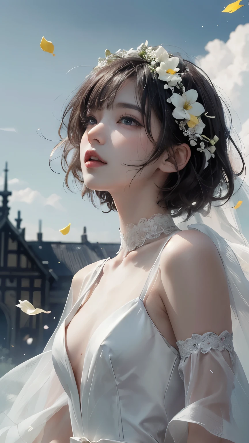 Rain of Petals ,a beautiful woman wearing a wedding dress, looking up, various colored flower petals falling, dreamlike beauty, inspiring a bright future, refined design, advanced lighting techniques, photorealistic、a beautiful woman wearing a wedding dress, looking up, various colored flower petals falling, dreamlike beauty, inspiring a bright future, refined design, advanced lighting techniques, photorealistic ( short hair, smaller: 1.2), double eyelids, messy hair , fantasy landscape background , vibrant colors, church、cloud、blue sky、sexy、sunny