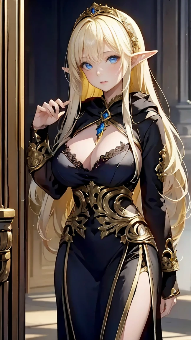 It would be nice if we could meet again with the same feelings, blond woman in a black and gold costume with a hood on, hyperdetailed fantasy character, ornate cosplay, beautiful elf with ornate robes, portrait of a sorceress, portrait of a female mage, beautiful necromancer, beautiful sorceress, a beautiful sorceress, 2. 5 d cgi anime fantasy artwork, beautiful necromancer girl, full body look, full body shot, castle background, perfect finger, fantasy, fantasy art