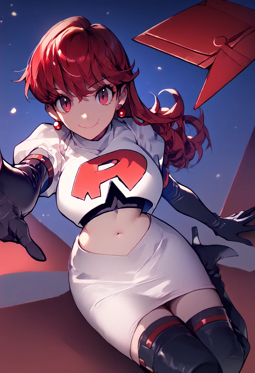 Team rocket, team rocket uniform, red letter R, white skirt,white crop top,black thigh-high boots, black elbow gloves, evil smile, night sky background, earrings, large breasts, high-heeled boots, kasumi yoshizawa, red hair