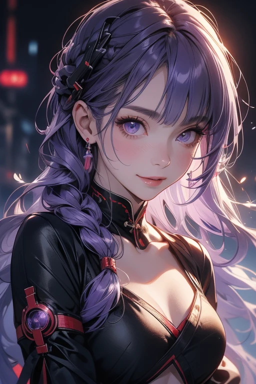 1 girl, Blunt bangs, Braiding, Wide sleeves, hair ornaments,Obi says, (Purple Hair:1.2), Very long hair, Straight hair, Looking at the audience, Highly detailed background, (Realistic:1.2), Beautiful Eyes, Red eyeshadow, thigh, (Urzan-6500:0.7), Upper Body, (alone:1.2), (Cyberpunk City:1.1), Cleavage,,Glowing Skin、(Navel exposed).((Face close-up))、((smile))、(Lace clothes).((Kiss with your eyes closed)).
