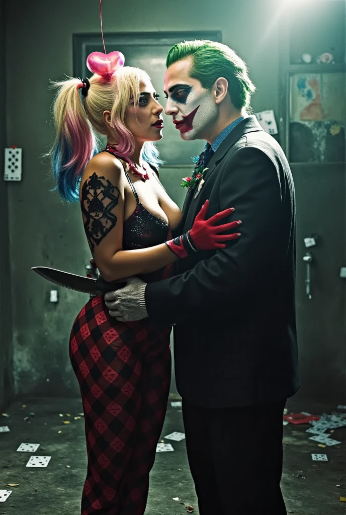 ((masterpiece)) ((photography)) ((Highest quality)) Illustration of an intense and toxic love between Harley Quinn, ((Lady Gaga with platinum blonde blue and pink hair)), wearing a glittery red and black outfit, and the Joker ((portrayed as Joaquin Phoenix)), with his disheveled appearance, wearing a faded suit and clown makeup. The couple stands in a chaotic, dimly lit room filled with broken mirrors and scattered playing cards. Their eyes meet with a mix of longing and madness, their expressions twisted by obsession. Harley is playfully holding a heart-shaped balloon, while Joker is holding a jagged knife, both embracing the dangerous, volatile nature of their love. The atmosphere is dark, with a touch of surrealism, highlighting their deep, destructive connection.