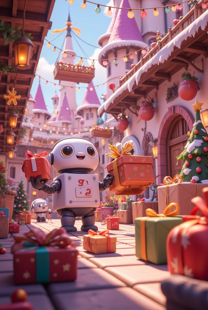 Cute fantasy art, Christmas presents being packed, Christmas presents being brought in on a conveyer belt, cute robots with round faces and square bodies working, factory scenes, fluffy picture book-like style in pastel colors,