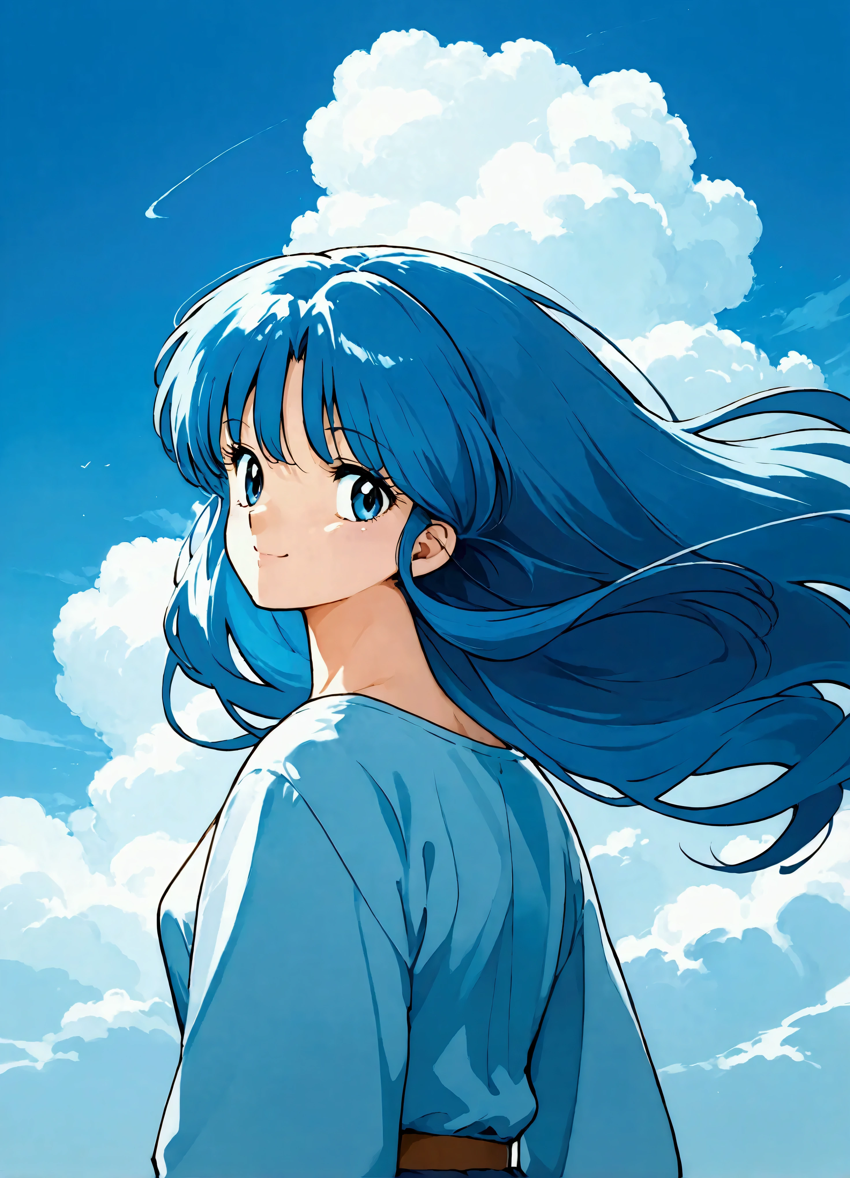  score_9,  score_8_up,  score_7_up, (masterpiece), ( best quality), ( super detailed), (Illustration),(1 female:1.2), Japanese,beautiful瞳, blue hair , casual outfit ,beautifulグラデーション,(Woman smiling),(beautiful花びらが舞う),( back view),( woman looks up at the sky :1.2),( wind blows hair ),( depth of writing),(dynamic),(顔のup),(beautiful顔),(beautiful瞳), Anime Artwork , Flat Color ,80s anime style,(Rumiko takahashi), dynamic angle , beautiful