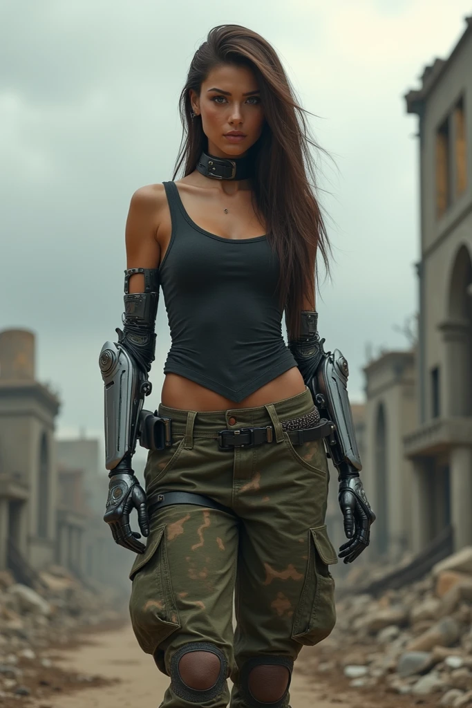 tall skinny female cyborg, confidence, futuristic aerodynamic heavy mechanical arm, unreal engine, extremely long straight hair, long scarf, crop tank, low-rise maxi skirts, strong directional wind, old abandoned ruins