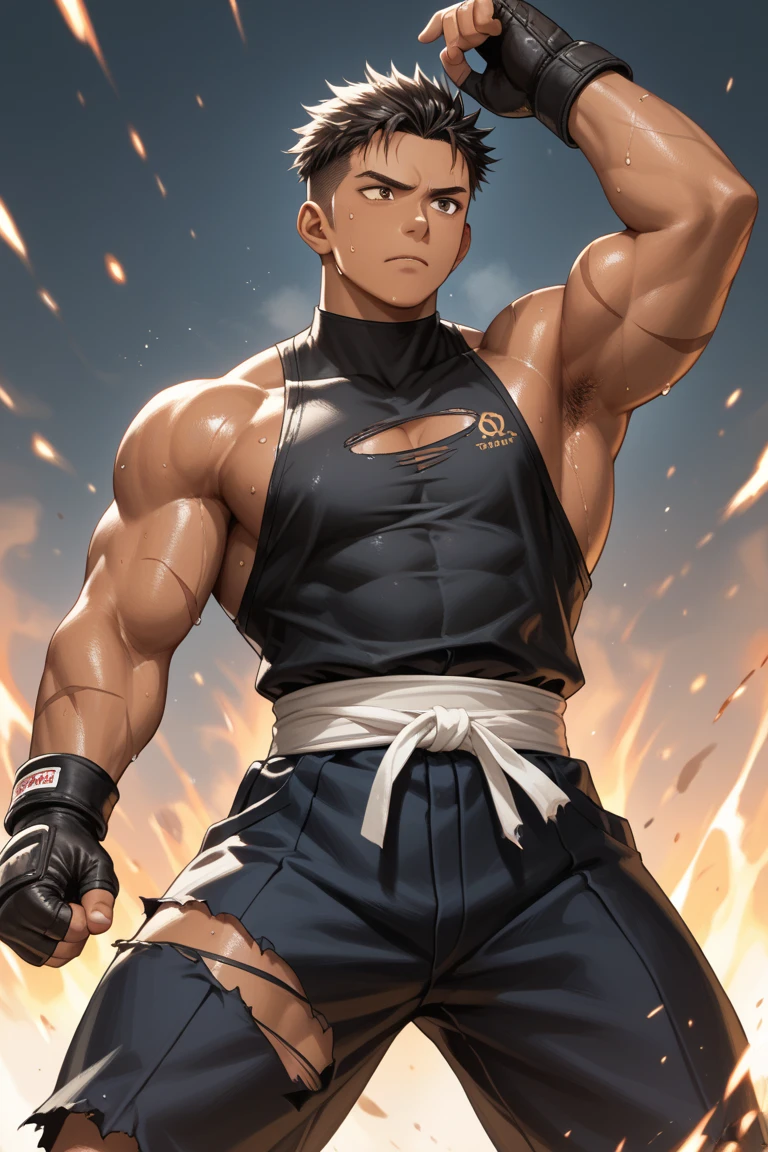 a shirtless 22-year old super muscular sweating male soldier wearing camouflage pants, boots, sweat-drenched, soaking wet, drenched with sweat, sweating profusely, soaking wet with sweat, panting, exhausted, gasping, running in the obstacle course 