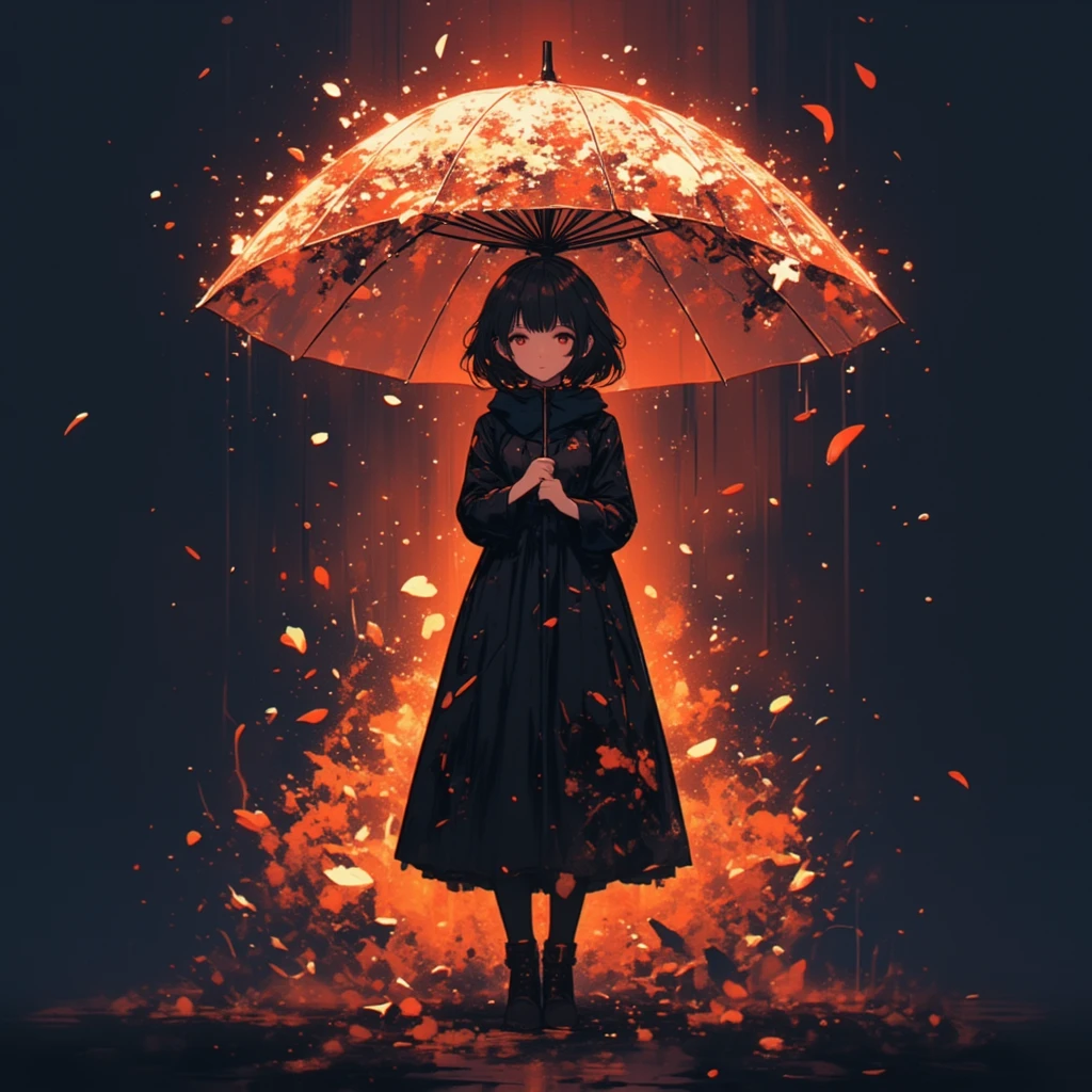 
1girl\(holding umbrella\(transparent,mass amount of petals decorate umbrella\)\), mass amount of petals filling in the air. petals cover ground. minimalism, simplism