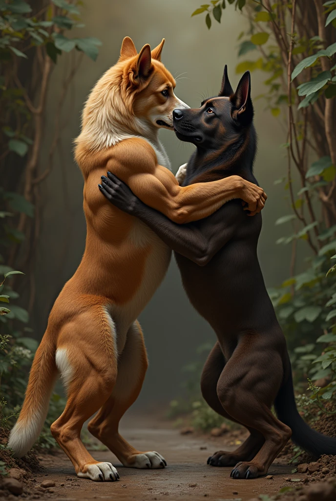 anthro, (male dobermann), athletic body, duo,having anal sex with male yellow Labrador, canine penis, knot, anal penetration, moaning, looking horny, black pupils, photorealism ,by zaush, by ruan jia, by jay naylor, by nuzzo, by disney, by pino daeni. bedroom setting, (4k), HD, quality, looking horny, black pupils, photorealism , tropical jungle hot springs setting, (4k), HD, quality