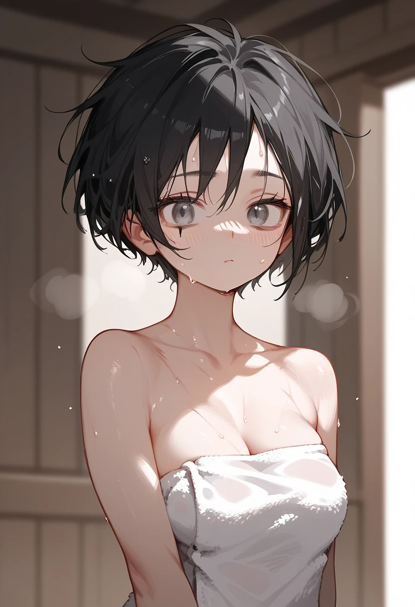 girl,beautiful,Short hair,Black hair,In the grey eyes,The eye is scarred.,Droopy eyes, medium chest,cute, sweating,, there's a scar on the face.,There's a sweat towel 