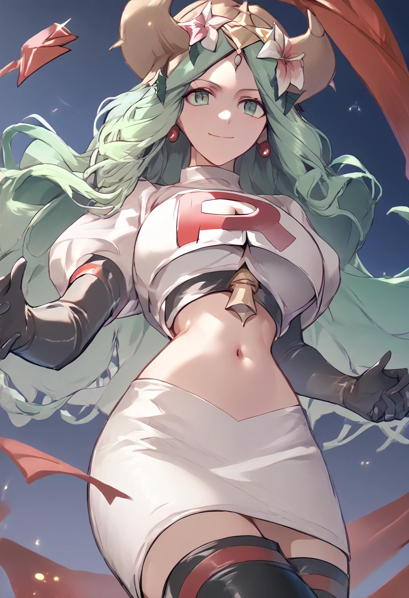 Team rocket, team rocket uniform, red letter R, white skirt,white crop top,black thigh-high boots, black elbow gloves, evil smile, night sky background, earrings, large breasts, high-heeled boots, Rhea, green hair