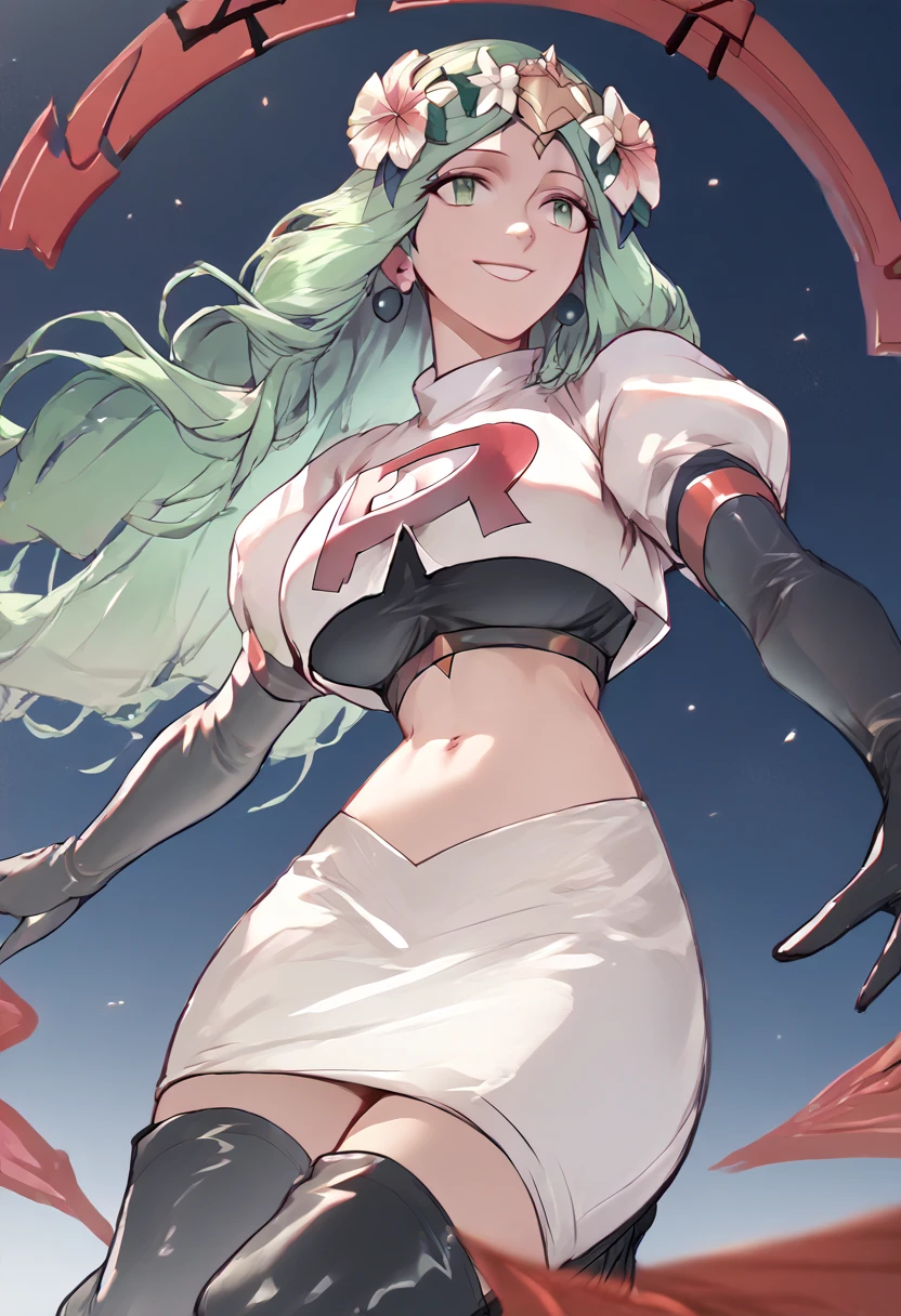 Team rocket, team rocket uniform, red letter R, white skirt,white crop top,black thigh-high boots, black elbow gloves, evil smile, night sky background, earrings, large breasts, high-heeled boots, Rhea, green hair