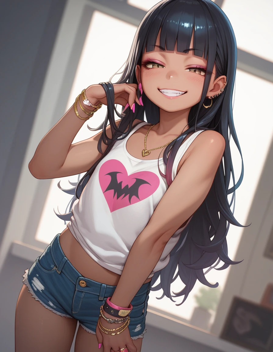 1girl, ,,black hair,long hair,blunt bangs,loli,looking viewer,tank top,denim shorts,half closed eyes,evil smile,gyaru,