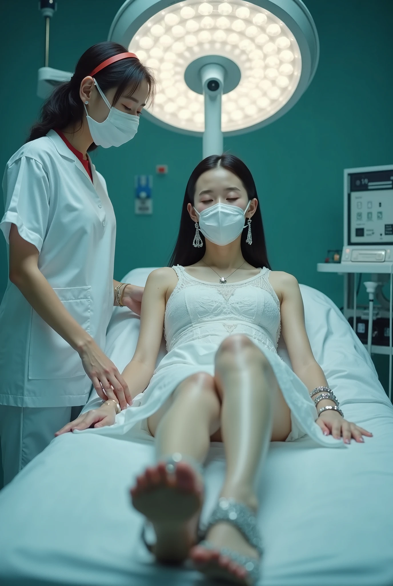 ( (8K:1.27)、top-quality、masterpiece、超A high resolution:1.2)、Solo、Are sleeping、 feet to the ceiling,、Naked、A dark-haired、Long straight hair、huge tit、In the hospital、Hospital Room