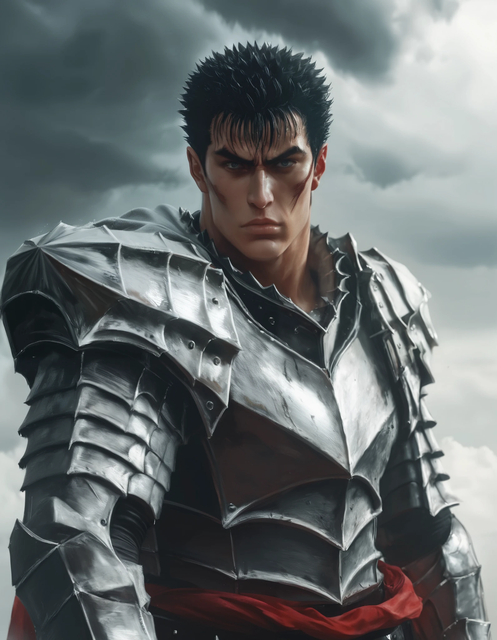 Guts (Berserk) digital painting in a dark fantasy setting, with a highly detailed and realistic portrayal, inspired by Kentaro Miura’s art style. The scene is set with a vertical layout, capturing Guts from the waist up, similar to the angle in the provided reference image. He stands in front of a stormy background, with dark clouds swirling above, and a dramatic atmosphere surrounding him. His face is serious and intense, showing a warrior hardened by countless battles. He is wearing his iconic black Berserker armor, with intricate details such as jagged edges, sharp angular designs, and ominous crimson veins glowing faintly. The armor is realistically textured with visible wear and tear, emphasizing his battle-worn state. Guts holds the massive Dragonslayer sword, resting it over his shoulder, with a slight angle to showcase its immense size and weight. His posture exudes strength and resilience, capturing both the weight of his armor and the burden of his past. The background features a stormy, moody sky with hues of red, purple, and dark gray, reflecting the chaos and inner turmoil he faces. The image is rendered in high-quality 4K resolution, with super detailed textures and a high level of realism, emphasizing the intensity of Guts' character.