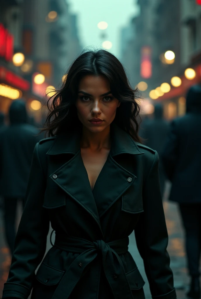 a veteran female detective following her target in a crowded street, full body portrait, detailed facial features, beautiful eyes and lips, realistic, photorealistic, professional, hyperdetailed, 8k, high resolution, dramatic lighting, moody atmosphere, cinematic composition, dark and gritty urban setting, trenchcoat, intense gaze, shadows and highlights, strong contrast