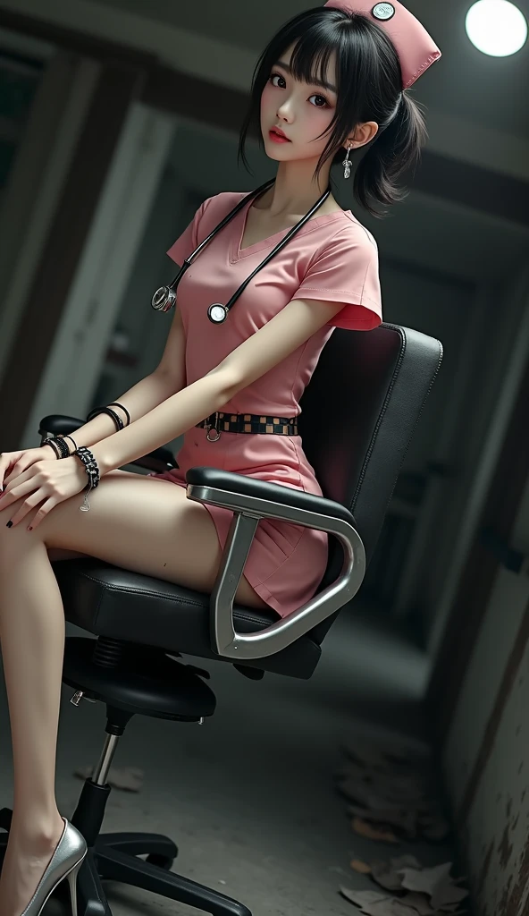 (ultra realistic,32ก, Masterpiece:1.2),(Highly detailed skin:1.1),( High quality:1.1), 
1 girl,pink hair, ponytail, smooth,(tear:0.9),  pink nurse outfit, white bikini, Pink Nurse Hat, crop top, short sleeve, pink nurse skirt, white high heels , (big breast:0.9),(look at viewer, sit, cross your legs, from above:1.1),
,(refraction of light:1.1),  Cybernetic Prosthetics Clinic, State-of-the-art limb replacement, Neurologically controlled prosthetics, increased mobility