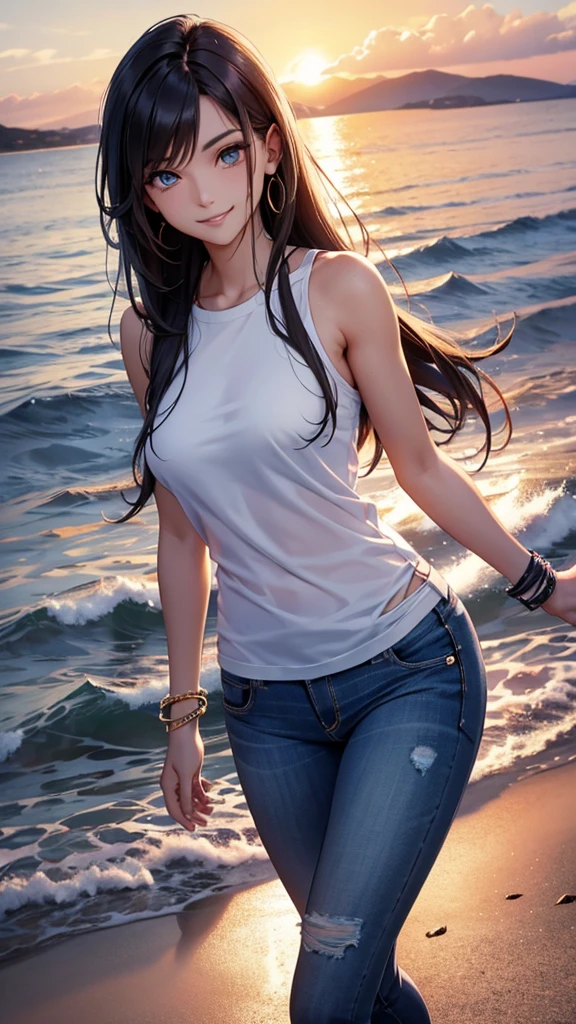  women dressed in jeans and trendy top ,  smiling,  Long straight hair , very well detailed eyes, fashion bracelets ,  with an athletic body, very sensual and provocative posing in a sea with a sunset 