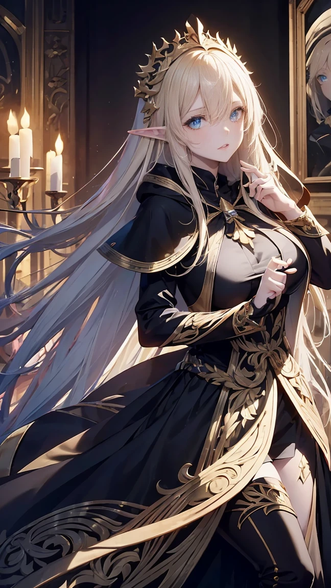 It would be nice if we could meet again with the same feelings, blond woman in a black and gold costume with a hood on, hyperdetailed fantasy character, ornate cosplay, beautiful elf with ornate robes, portrait of a sorceress, portrait of a female mage, beautiful necromancer, beautiful sorceress, a beautiful sorceress, 2. 5 d cgi anime fantasy artwork, beautiful necromancer girl, full body look, full body shot, castle background, perfect finger, fantasy, fantasy art