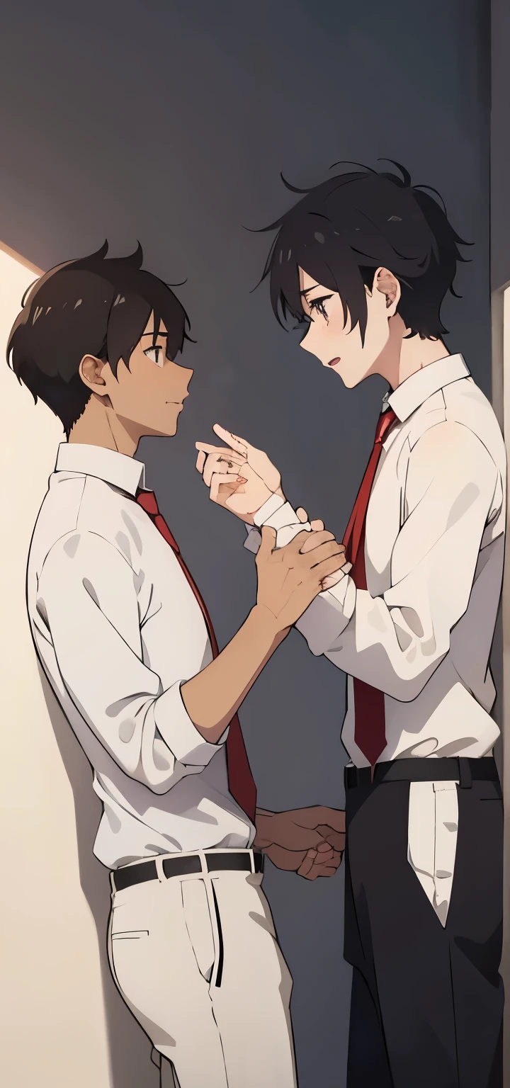 Anime boy wearing white shirt red tie, boy grabbing collar , side view 