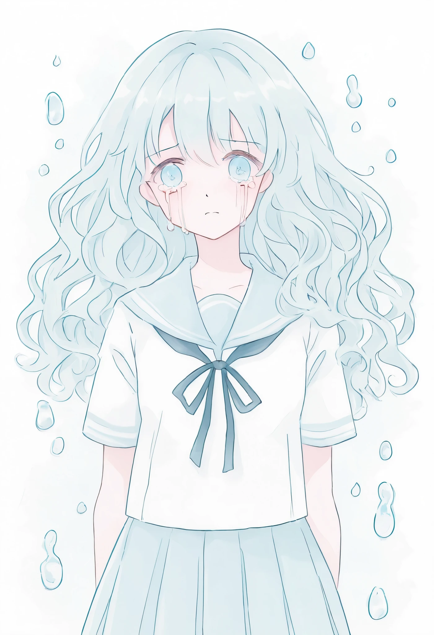 A melancholic anime illustration featuring a crying girl with short, pastel,
theme color green, wavy hair and a dark blue ribbon tied on the side. Her teary blue eyes are expressive, capturing deep sadness. She is wearing a sailor-style school uniform, surrounded by a tranquil blue backdrop with falling water droplets resembling tears. The soft color palette and minimalistic design enhance the emotional and somber tone of the artwork.