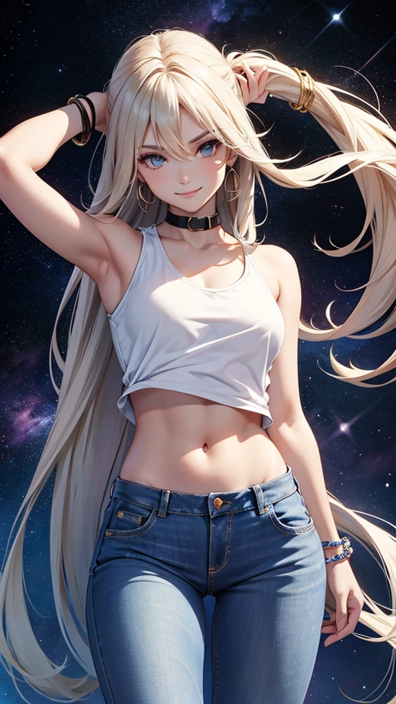  women dressed in jeans and trendy top ,  smiling,  Long straight hair , very well detailed eyes, fashion bracelets ,  with an athletic body, very sensual and provocative posing on a space background 