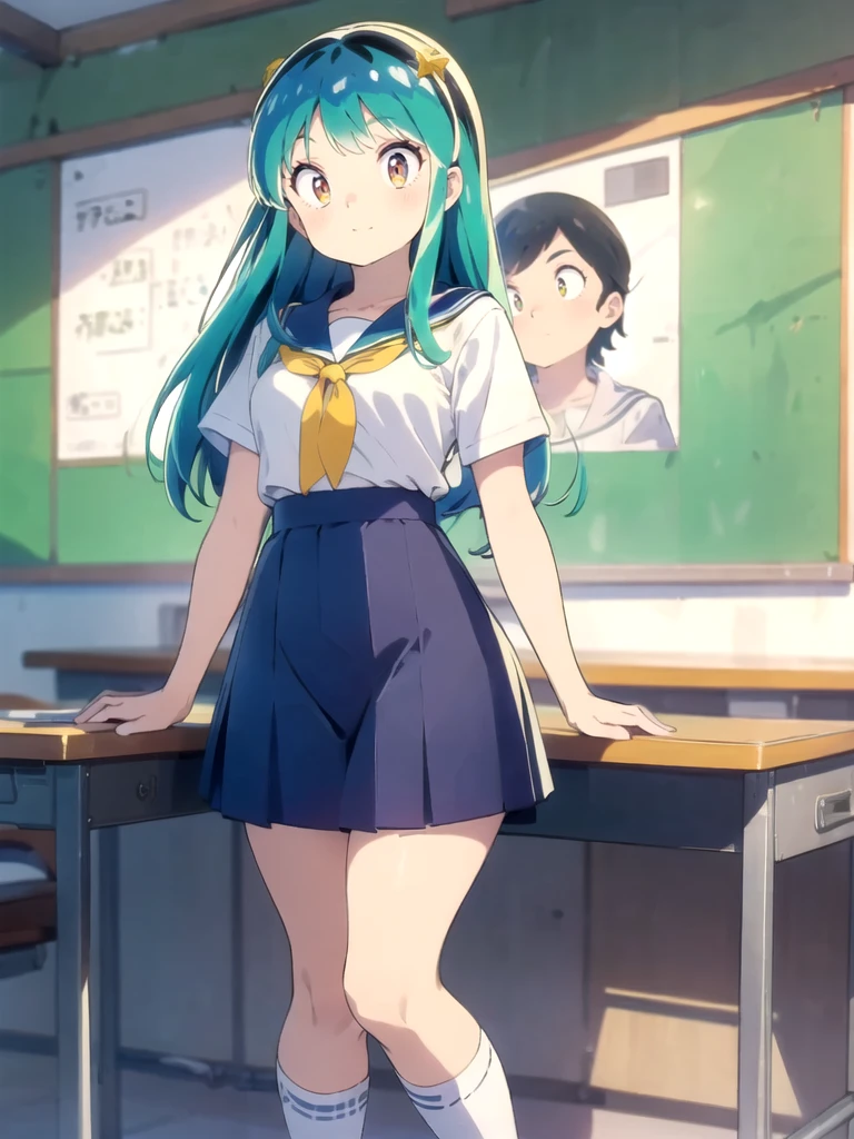 masterpiece,  best quality, 1 Girl, Lum,  sailor suit , Summer clothes,  Navy Blue Skirt, uniform,  Charming, 18 years old,  sexy,  standing, Japan,  high definition, From the front, classroom, Greenish silver hair, smile,  yellow neckerchief,  white socks ,  orange sneakers, Girlish behavior