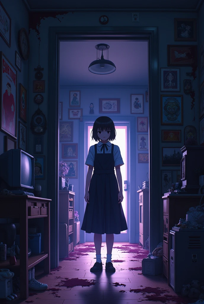 SECRETARY of a public school within, with dazzling light and high quality with no one inside, small room, the night, White light. SECRETARY with blue details, but with strong light and well lit, with a very strong light.