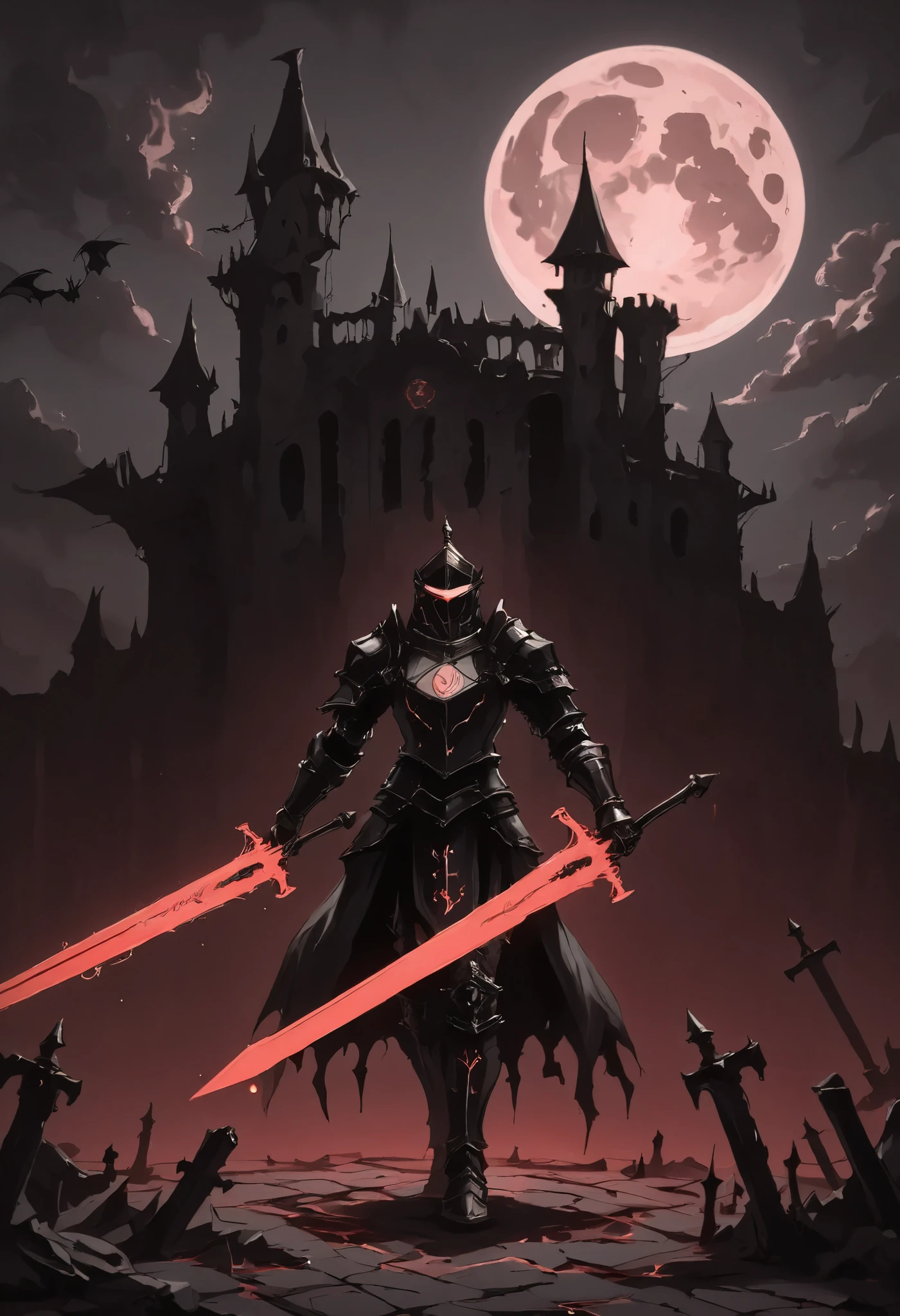 abandoned castle ruins, crumbling walls, glowing full moon in the background, dark gothic,1knight in black armor, holding a glowing crimson sword, ominous atmosphere, dark cloudy sky, faintly glowing red runes on the ground, bats flying in the distance, eerie and mysterious mood, hauntingly beautiful composition,